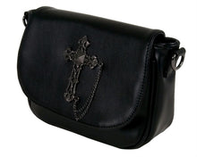 Load image into Gallery viewer, The gothx don&#39;t cross me vegan shoulder bag on a white studio background. The bag is facing forward angled to the left to highlight the studded cross chain centrepiece.

