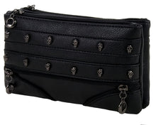 Load image into Gallery viewer, The gothx mini skull head vegan clutch bag in front of a white studio background. The clutch is facing forward angled left to highlight the skull studded front, faux zip detailing and two main zip compartments.
