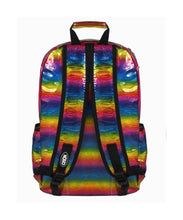 Load image into Gallery viewer, The CHOK Rainbow Holographic Vegan Backpack with a rainbow multicoloured melt holographic pattern with a silver chain and CHOK logo. The bag is facing away to show off the padded adjustable shoulder straps, the top handle and the CHOK logo on the left strap.
