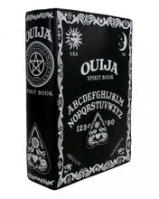 Load image into Gallery viewer, The gothx ouija spirit book vegan backpack on a white studio background. The bag is facing forward angled slightly right to highlight the embroidered planchette and white printed detailing featuring a ouija board, pentagrams and lace pattern.
