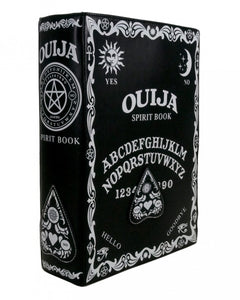 The gothx ouija spirit book vegan backpack on a white studio background. The bag is facing forward angled slightly right to highlight the embroidered planchette and white printed detailing featuring a ouija board, pentagrams and lace pattern.