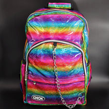 Load image into Gallery viewer, The CHOK Rainbow Holographic Vegan Backpack with a rainbow multicoloured melt holographic pattern with a silver chain and CHOK logo. The bag is facing forward to highlight the front rainbow zip pockets, the main double rainbow zip compartment, two side elasticated pockets with a detachable decorative silver chain.
