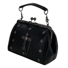 Load image into Gallery viewer, The GothX Don&#39;t Cross Me Vegan Vintage Clasp Handbag on a white studio background. The bag is facing forward angled left to highlight the metal detailing along the top, vintage ball clasp close, detachable handle, mini cross studs and large cross emblem.

