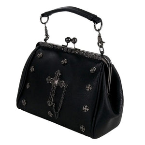 The GothX Don't Cross Me Vegan Vintage Clasp Handbag on a white studio background. The bag is facing forward angled left to highlight the metal detailing along the top, vintage ball clasp close, detachable handle, mini cross studs and large cross emblem.