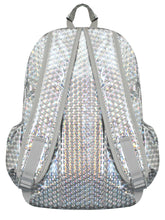 Load image into Gallery viewer, The CHOK silver holographic 3d vegan backpack with a detachable decorate silver chain going across. The bag is facing away from the camera to show the adjustable padded straps and side elastic pockets.
