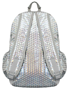 The CHOK silver holographic 3d vegan backpack with a detachable decorate silver chain going across. The bag is facing away from the camera to show the adjustable padded straps and side elastic pockets.