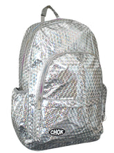 Load image into Gallery viewer, The CHOK silver holographic 3d vegan backpack with a detachable decorate silver chain going across. The bag is facing forward to highlight the two front rainbow zip pockets, the main rainbow double zip pocket, two side elasticated pockets, top handle, bottom left CHOK logo and a silver decorative detachable chain draping across the middle.
