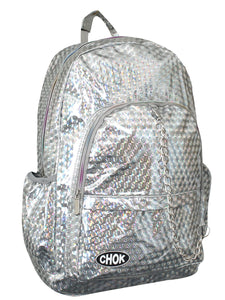 The CHOK silver holographic 3d vegan backpack with a detachable decorate silver chain going across. The bag is facing forward to highlight the two front rainbow zip pockets, the main rainbow double zip pocket, two side elasticated pockets, top handle, bottom left CHOK logo and a silver decorative detachable chain draping across the middle.
