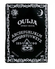 Load image into Gallery viewer, The gothx ouija spirit book vegan backpack on a white studio background. The bag is facing forward to highlight the embroidered planchette and white printed detailing featuring a ouija board, pentagrams and lace pattern.
