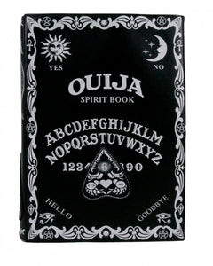 The gothx ouija spirit book vegan backpack on a white studio background. The bag is facing forward to highlight the embroidered planchette and white printed detailing featuring a ouija board, pentagrams and lace pattern.
