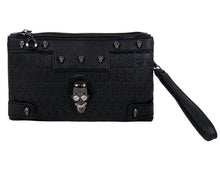 Load image into Gallery viewer, The gothx crystal skull vegan clutch bag in front of a white studio background. The bag is facing forward to highlight the embossed skull vegan black leather, mini skull studs, two main zip compartments, detachable wrist strap and crystal skull centrepiece.
