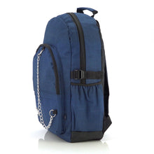Load image into Gallery viewer, The CHOK Blue Commuter Vegan Backpack on a white studio background. The dark grey blue canvas bag is facing left to highlight the two front zip pockets, elastic side pockets, detachable silver chain and chok logo.

