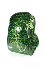 Load image into Gallery viewer, The CHOK Green Holographic Hive Vegan Backpack on a white background. The bag is facing forward angled to the left to highlight the 3d holographic honeycomb effect, 2 rainbow zip pockets, 2 elastic side pockets, silver decorative chain and CHOK logo.
