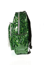 Load image into Gallery viewer, The CHOK Green Holographic Hive Vegan Backpack on a white background. The bag is facing left to highlight the 3d holographic honeycomb effect, 3 rainbow zip pockets, 2 elastic side pockets and silver decorative chain.
