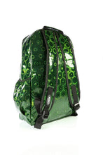 Load image into Gallery viewer, The CHOK Green Holographic Hive Vegan Backpack on a white background. The bag is facing away angled to the left to highlight the 3d holographic honeycomb effect, 2 padded adjustable shoulder straps, 2 elastic side pockets and the CHOK logo on the left strap.
