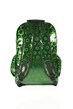 Load image into Gallery viewer, The CHOK Green Holographic Hive Vegan Backpack on a white background. The bag is facing away to highlight the 3d holographic honeycomb effect, 2 padded adjustable shoulder straps, 2 elastic side pockets and the CHOK logo on the left strap.

