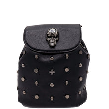 Load image into Gallery viewer, The GothX crystal skull vegan tassel tie backpack on a white studio background. The bag is facing forward to highlight the crystal skull magnetic close clip flap, tassel tie cords and cross, hexagon, cone and skull studs.
