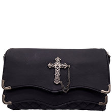 Load image into Gallery viewer, The GothX don&#39;t cross me quilted vegan clutch bag on a white studio background. The bag is facing forward to highlight the double quilted magnetic close clip flap with metal corners, quilted under layer, and stud cross centrepiece with chain.
