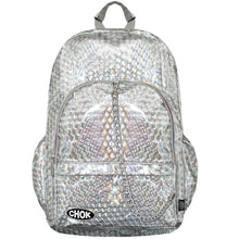 Load image into Gallery viewer, The CHOK silver holographic 3d vegan backpack with a silver holographic shiny print. The bag is facing forward to highlight the two front rainbow zip pockets, the main rainbow double zip pocket, two side elasticated pockets, top handle, bottom left CHOK logo and a silver decorative detachable chain draping across the middle.
