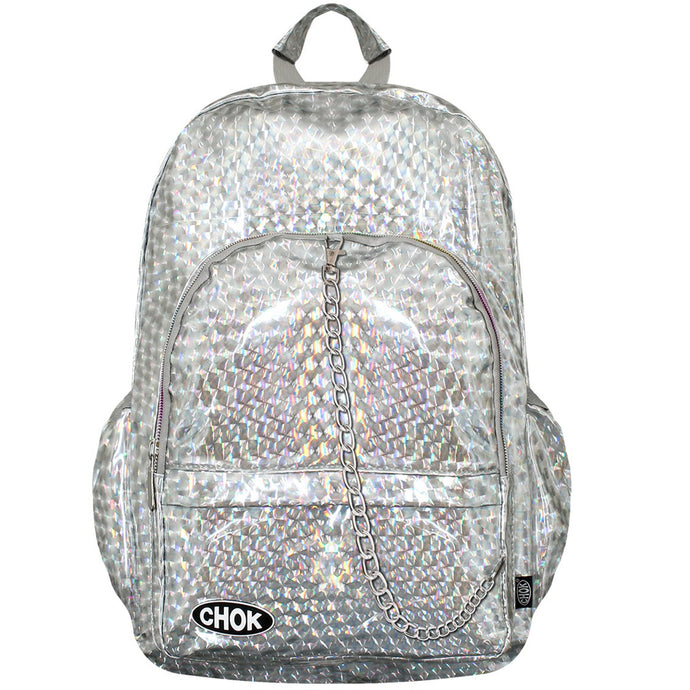 The CHOK silver holographic 3d vegan backpack with a detachable decorate silver chain going across. The bag is facing forward to show off the two front zip pockets and elastic side pockets with the CHOK logo on the front.