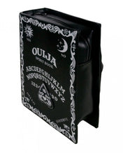 Load image into Gallery viewer, The gothx ouija spirit book vegan backpack on a white studio background. The bag is facing forward angled left to highlight the top zip main compartment, embroidered planchette and white printed detailing featuring a ouija board, pentagrams and lace pattern.
