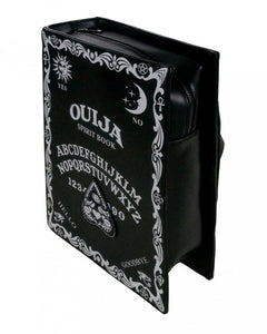 The gothx ouija spirit book vegan backpack on a white studio background. The bag is facing forward angled left to highlight the top zip main compartment, embroidered planchette and white printed detailing featuring a ouija board, pentagrams and lace pattern.