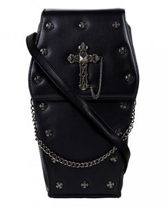 The GothX Mini coffin vegan cross body bag on a white studio background. The bag is facing forward to highlight the detachable chain, cross studded front and stud cross centrepiece with chain.