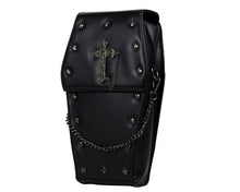 Load image into Gallery viewer, The gothx coffin vegan backpack on a white studio background. The bag is facing forward to highlight the cross mini studs, cross and chain emblem and detachable silver chain.
