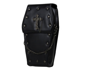 The gothx coffin vegan backpack on a white studio background. The bag is facing forward to highlight the cross mini studs, cross and chain emblem and detachable silver chain.