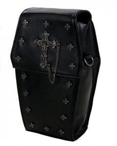 The GothX Mini coffin vegan cross body bag on a white studio background. The bag is facing forward angled to the left to highlight the cross studded front and stud cross centrepiece with chain.