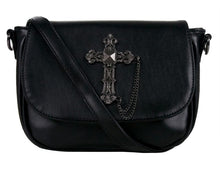 Load image into Gallery viewer, The gothx don&#39;t cross me vegan shoulder bag on a white studio background. The bag is facing forward to highlight the detachable strap and the studded cross chain centrepiece.
