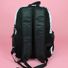 Load image into Gallery viewer, The white game over vegan backpack on a pink studio background. The vegan friendly bag is facing away to highlight the plain black back with two padded adjustable shoulder straps, two elasticated side pockets and top handle.
