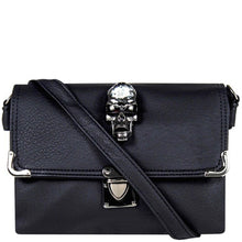 Load image into Gallery viewer, The GothX crystal skull vegan shoulder bag on a white studio background. The bag is facing forward to highlight the crystal skull centrepiece, metal clasp clip close, metal corner detailing and detachable strap.
