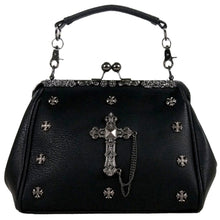 Load image into Gallery viewer, The GothX Don&#39;t Cross Me Vegan Vintage Clasp Handbag on a white studio background. The bag is facing forward to highlight the floral metal detailing along the top, vintage ball clasp close, detachable handle, mini cross studs and large cross chain emblem.
