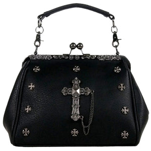 The GothX Don't Cross Me Vegan Vintage Clasp Handbag on a white studio background. The bag is facing forward to highlight the floral metal detailing along the top, vintage ball clasp close, detachable handle, mini cross studs and large cross chain emblem.