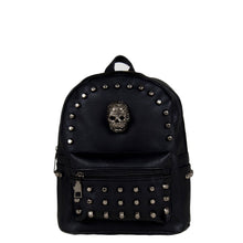 Load image into Gallery viewer, The GothX skull head small studded vegan mini backpack on a white studio background. The black gothic style vegan leather bag is facing forward to highlight the diamanté style skull, gunmetal coloured studs and front zip pocket.
