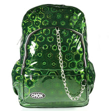 Load image into Gallery viewer, The CHOK Green Holographic Hive Vegan Backpack on a white background. The bag is facing forward to highlight the 3d holographic honeycomb effect, 2 rainbow zip pockets, 2 elastic side pockets, silver decorative chain and CHOK logo.

