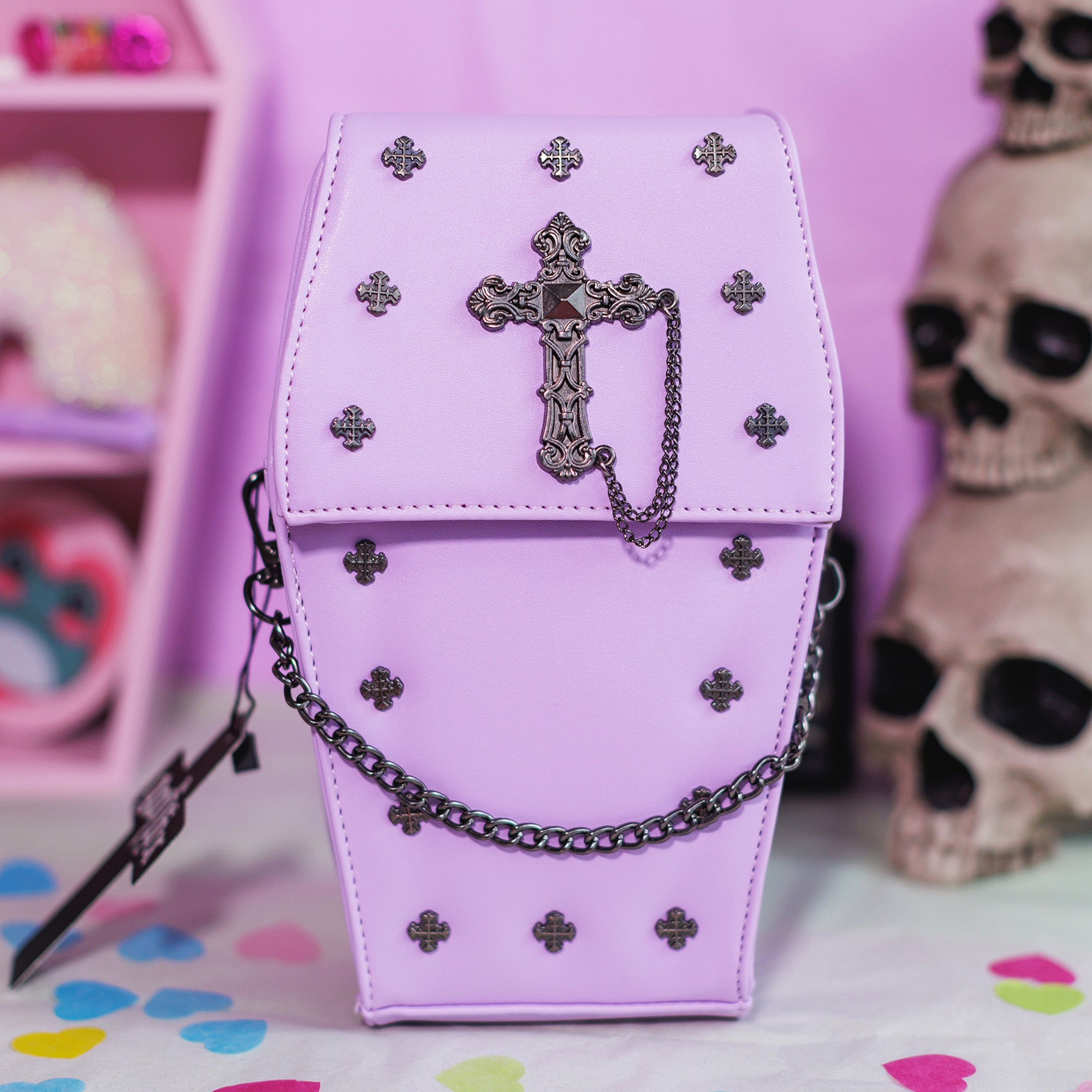 Meceria Pastel Goth Lilac Print Coffin Shaped Crossbody Bag