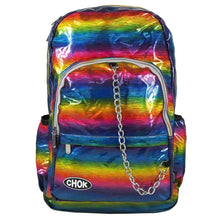 Load image into Gallery viewer, The CHOK Rainbow Holographic Vegan Backpack with a rainbow multicoloured melt holographic pattern with a silver chain and CHOK logo. The bag is facing forward to show off the two front rainbow zip pockets and elastic side pockets.
